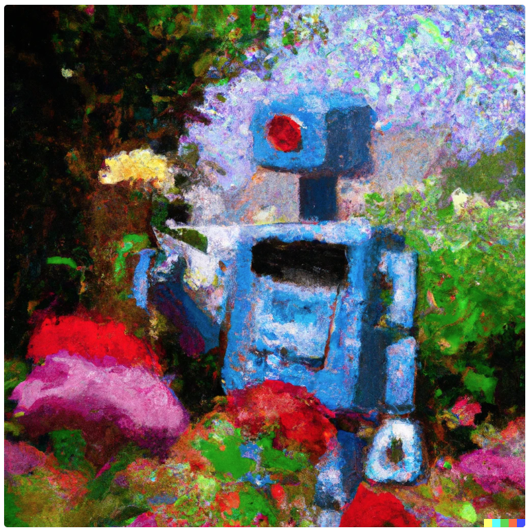 Robot, garden, flower.