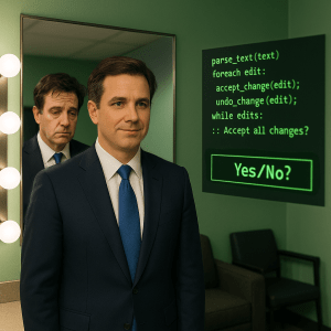ai generated image using the following prompts and a lot of rushed followup work:
> please generate an image: the setting is a green room backstage. a white male politician in a dark blue suit and blue tie with a half-Windsor knot stands in front of a mirror. his dark brown hair is just a little messy. he looks tired. to his left, you see a floating screen of code that ends with ":: Accept all changes?" and a "Yes/No?" button at the bottom flashing green 

> please make him look less tired and less messy, and have him looking into the mirror, so we see his reflection in the mirror

> please have him not smiling, and have him facing the mirror so we see his back and then face in the reflection